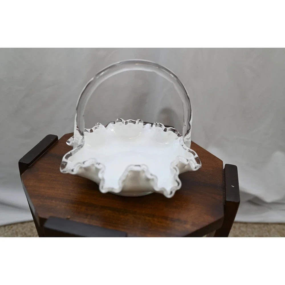 Fenton Silvercrest Ruffled Milk Glass Basket Clear Edge Vintage Art Glass 7.25
